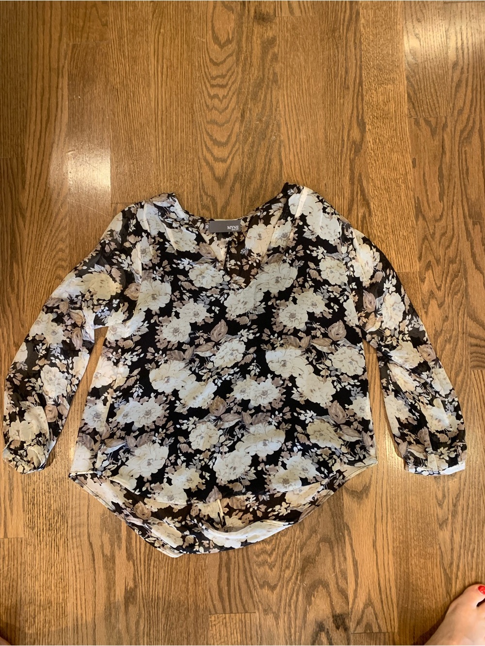 Ashley Ann Black Floral V-Neck Blouse with Cream Flowers